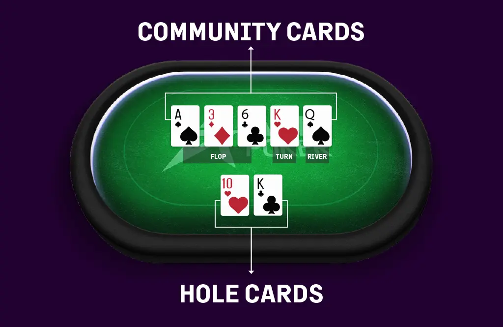 Poker table setup showing community cards and hole cards